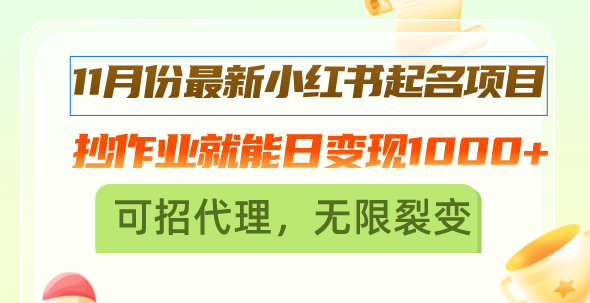 11月份最新小红书起名项目，抄作业就能日变现1000+，可招代理，无限裂变-百盟网